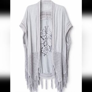 Boho Light Gray Fringe Kimono Cardigan w/ Crochet Trim & Lace Back Detail